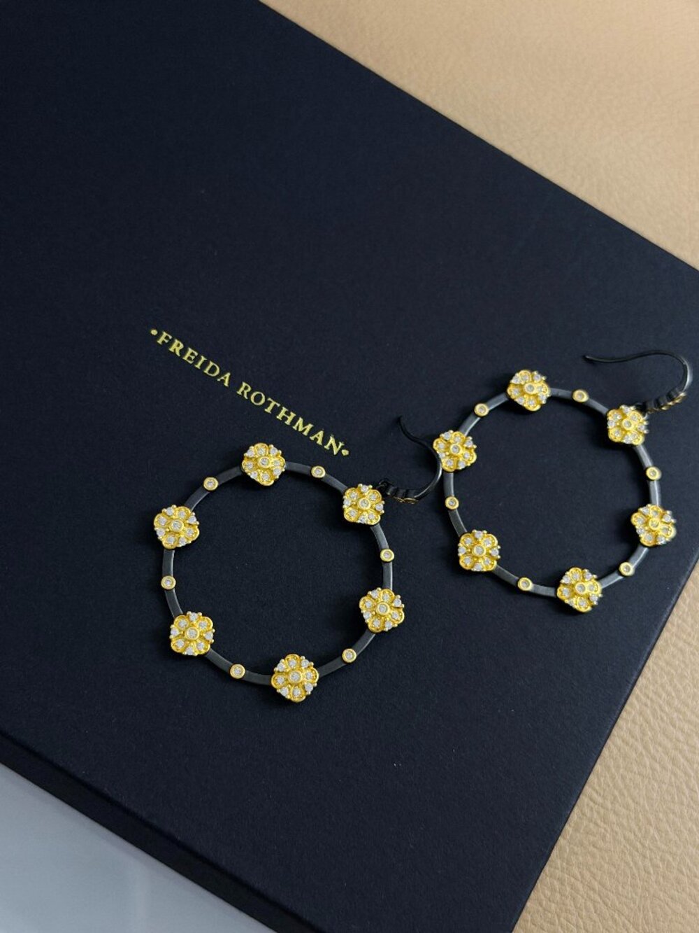 FREIDA ROTHMAN - Black & Gold Brooklyn in Bloom Station Open Hoop Earrings